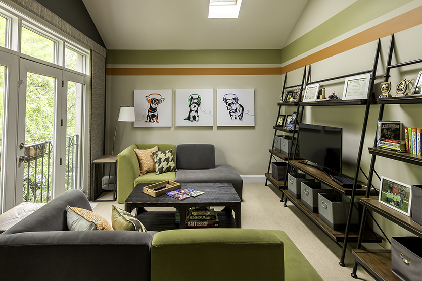 Teen game room with green and grey sofas, media shelving and modern dog artwork